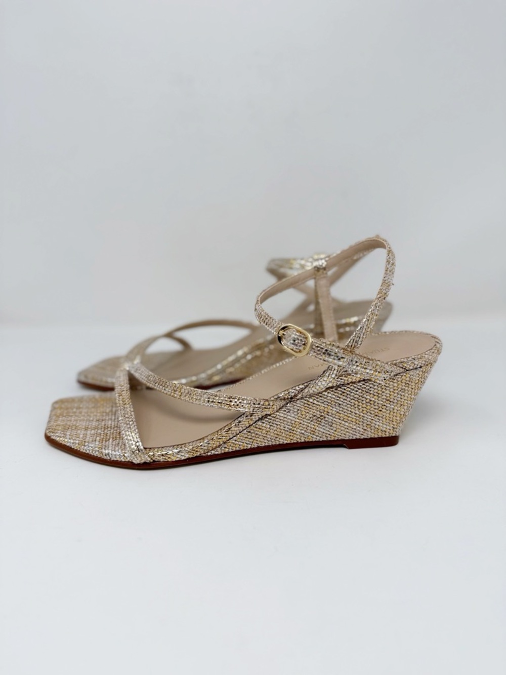 New Stuart Weitzman Oasis 50 Metallic Woven Wedge Slingback Sandal Sz 7 - Picture 6 of 14